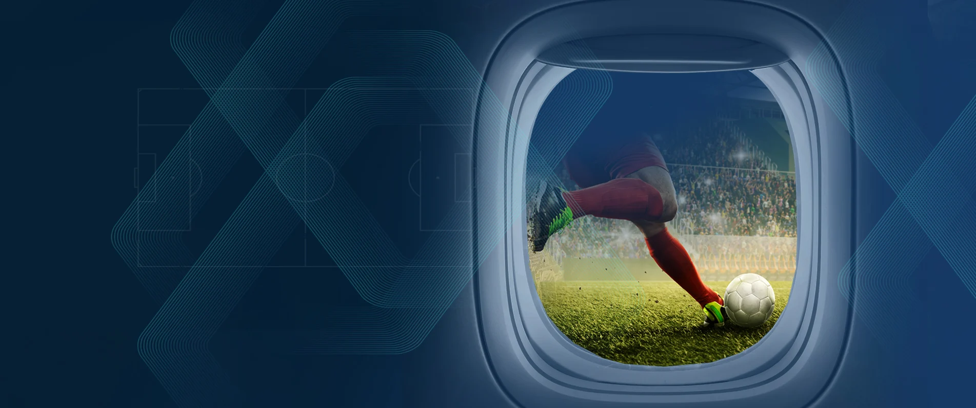 Soccer player kicking a ball viewed from an airplane window.