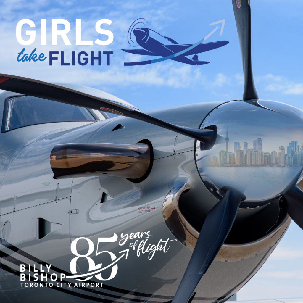 Affiche de l’événement Les filles prennent leur envol, avec une hélice d’avion et l’emblème du 85e anniversaire de l’aéroport.
