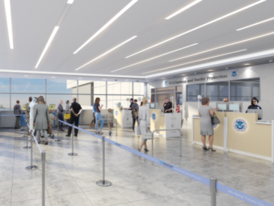 Vue d’artiste de la zone de précontrôle américain de l’aéroport.