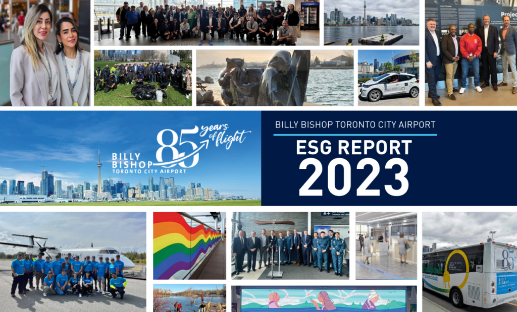 Couverture du rapport ESG 2023 de l’Aéroport Billy Bishop, avec un collage d’activités aéroportuaires.