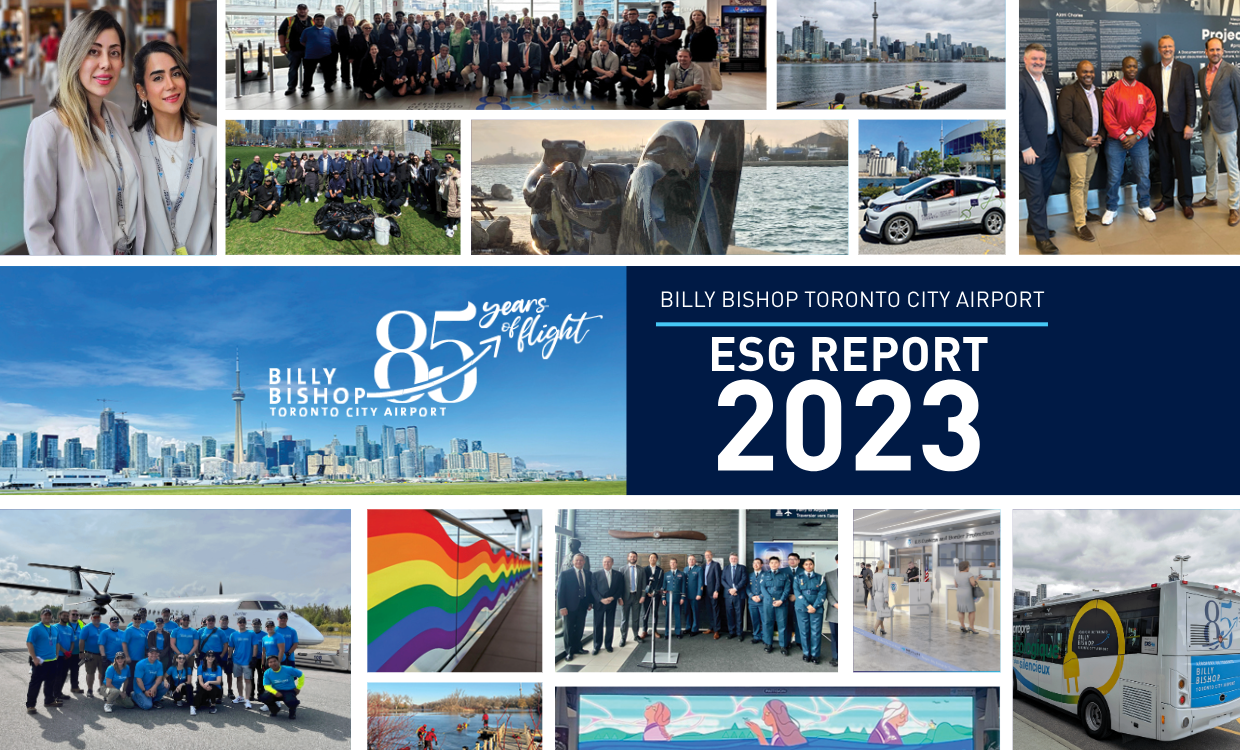 Couverture du rapport ESG 2023 de l’Aéroport Billy Bishop, avec un collage d’activités aéroportuaires.