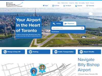 Page d’accueil du site Web de l’Aéroport Billy Bishop sur un écran d’ordinateur.