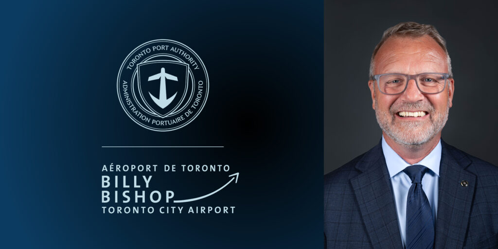 Emblèmes de l’Administration portuaire de Toronto et de l’Aéroport Billy Bishop à côté d’un portrait de RJ Steenstra.