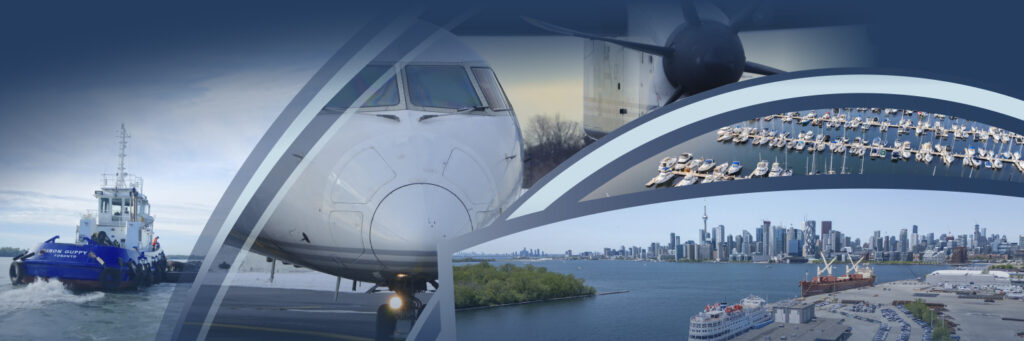 Montage des activités portuaires, de la marina et de l’aéroport, avec le panorama de Toronto.